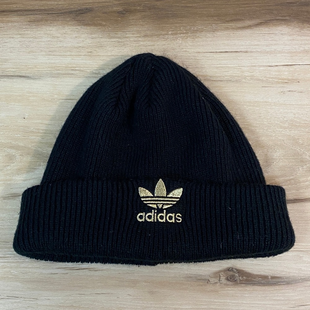 Kids Adidas Black‎ Beanie Hat Gold Logo OSFW Acrylic
